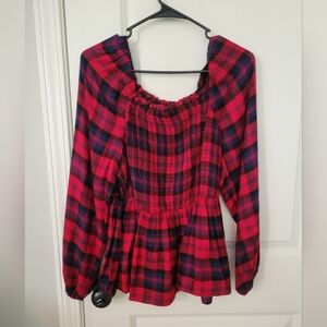 Torrid Red and Black Plaid Smocked Blouse